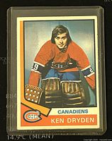 Front side of the 1974-5 O-Pee-Chee Ken Dryden hockey card showing the player photo and team.
