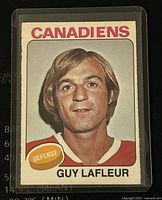 Front side of 1975-6 O-Pee-Chee Guy LaFleur Montreal Canadiens hockey trading card. Shows portrait photo and player position.