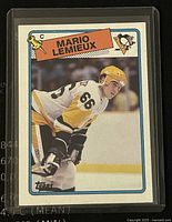 Front of the 1987-88 Topps Mario Lemieux hockey trading card showing the player in uniform and card design.