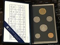 Photo of the full set showing 6 coins housed in a protective case with Royal Canadian Mint specifications card and blue ribbon.