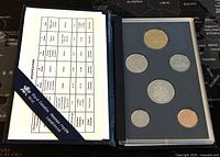 Open display case showing 6 Canadian coins with a card listing specifications on left inside cover.