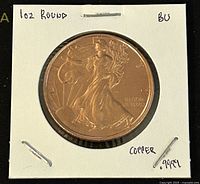 Obverse side of the copper round showing Walking Liberty design, 1oz round, BU condition, marked 99.9% copper