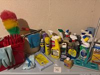 Photo showing various cleaning bottles, dusters, gloves, buckets, and cloths arranged against wall.