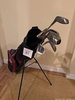 Photo of the full men's golf bag with stand and multiple golf clubs inside, showing side view and overall form.