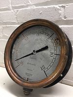Front of the antique gauge showing copper frame and dial with measurements