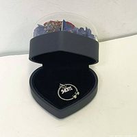 View of the silver 'Mom' bracelet necklace inside the black heart-shaped box with a clear dome lid containing preserved flowers.