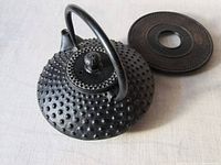 The black cast iron green tea pot with raised rounded bumps texture on its surface, a curved spout, a large handle arching over the top, and a decorative knob on the lid. The matching cast iron under plate with central hole is placed next to it on a fabric surface.