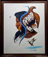 Frontal photo of the Indigenous acrylic painting by Robert Ka-Kay Geesick Jr in walnut frame