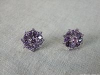 Close-up front view showing the amethyst cluster floral design on silver setting for a pair of stud earrings.