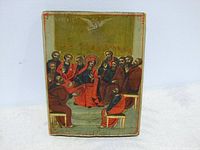 Full frontal view of painted wood icon panel showing entire composition