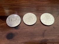 Reverse view of three Canadian one dollar coins with designs including Confederation Constitution and voyageur canoe.