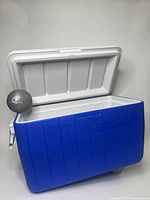 Blue and white rectangular cooler with open lid showing white interior and drain plug on side.