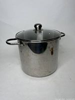 Front view of large stainless steel stock pot with glass lid showing pot body, side handles, and lid knob.