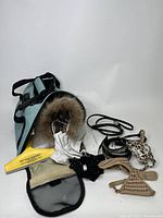 Light blue Bergan small dog travel carrier bag with assorted dog accessories including dog parka, harnesses, collar, leash, and Pet Hair Magnet brush