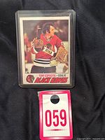 Front of 1977/78 O-Pee-Chee hockey card #170 featuring Tony Esposito in goalie pose for Chicago Black Hawks in protective sleeve.