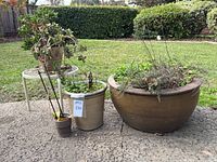 Full lot showing four clay pots with plants against garden and concrete background, and small white metal round side table