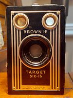 Front-facing view of the Kodak Brownie Target Six-16 camera showing symmetrical geometric pattern and lettering on front panel.