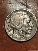 Obverse view of 1936 Buffalo Indian Head Nickel showing Native American profile and year 1936