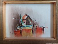 Close-up view of the vintage oil painting on board featuring dockside boats and building, signed 'Morris'.