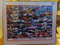 Front view showing the full framed collage print, vibrant with multiple images of classic Healey cars in various colors and models.