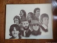 Front view of The Beatles metal framed collage artwork under glass showing grayscale heads of the four band members.