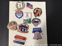 Top view of pins arranged on white background showing Olympic and voting-themed pins including Basketball Hall of Fame and election pins