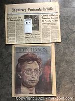 Front page of Monterey Peninsula Herald December 1980 newspaper with John Lennon shooting headline and colored image of John Lennon titled 'The dream is over'.