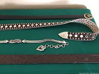 Photo showing all five belts laid flat on a green surface: dark fabric strap belt, dark brown embossed leather belt, linked silver metal belt, studded belt with white stones, black Brighton belt with large decorative buckle.