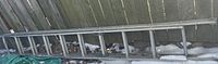 Photo of an 18 rung metal extension ladder lying on the ground outdoors by a fence with some snow and debris around.