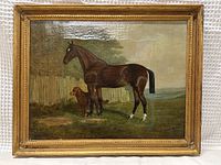 Full view of painting and frame showing horse and dog in landscape.