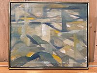 Front view of framed abstract oil painting showing overall composition of blues, grays, and yellows.