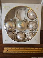 Front view of the original box containing 9 silver glass Christmas ornaments with white etched leaf and star patterns.