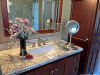 Bathroom countertop showing several accessories, including dual-sided vanity mirror, red soap dish, chrome toilet paper holder, and black vase with flowers.