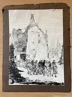 Antique signed sketch showing soldiers marching past a tall building with church spires visible in background, mounted on worn brown backing board.
