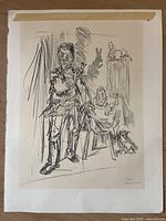 Front side sketch depicting a seated man holding an object, surrounded by sculptural pieces on a stand and shadows in the background.