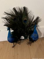 Front view of the silk peacock decoration with real feathers, showing two blue silk peacock figurines and the feather centerpiece.