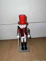 Front view of snowman nutcracker showing red top hat, scarf, black boots, and stick with red birdhouse