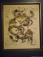 Full view of framed Indigenous art showing stylized lizards and snakes in dot painting technique, signed by Danny Eastwood.