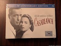 Front view of sealed Casablanca 70th Anniversary Edition Blu-Ray DVD set showing main cover artwork with Humphrey Bogart and Ingrid Bergman.