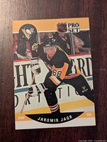 Front side image of the 1990-91 Jaromir Jagr Pro Set rookie card showing player in Pittsburgh Penguins uniform.