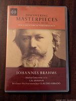 Front cover of Johannes Brahms DVD showing title, portrait of Brahms, and details of featured artists and orchestra.