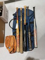 Full lot overview showing all bats, glove, and bat bag laid out on the floor.