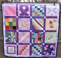 Full quilt hanging outdoors showing all 16 patchwork block designs with a purple fabric border and backing.
