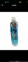Front view of clear plastic water container with blue liquid and white Ellen branding.