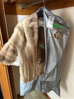 Light tan mink fur stole hanging on a black Aquascutum hanger inside a garment bag with zipper partially open, draped on wooden rack.