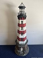 Front view of the full lighthouse sculpture showing color, design, and overall shape.