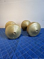 Pair of metal dumbbells shown on blue quilted surface, showing front and top sides with 10lb embossing