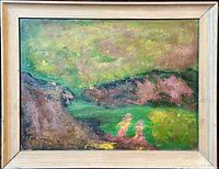 Front view of the oil painting 'The Shear' by Harold Herbert Elliott showing the abstract landscape with figures and the wooden frame.