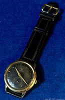 Angled view of watch on blue background showing case, dial and strap