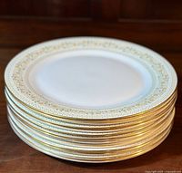Stack of twelve Royal Doulton Paisley pattern dinner plates showing decorative edges and thickness.